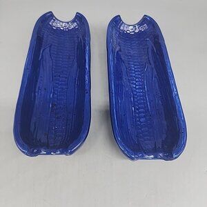 Pfaltzgraff Set Of 2 Corn On The Cob Holders Dishes Nuance Navy Blue Ceramic